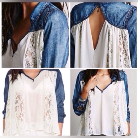 Free People Lace paneled distressed Denim Flowy Long Sleeve Top Size Medium - Picture 8 of 8